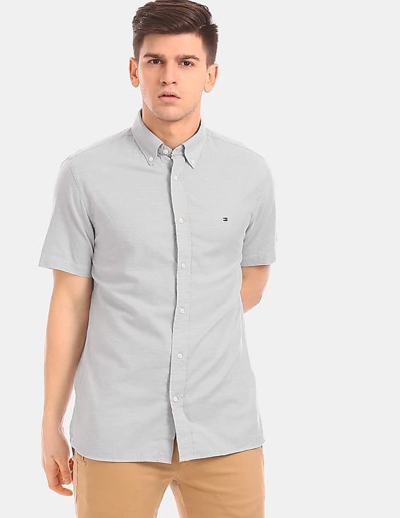 Tommy Hilfiger- Men Grey Short Sleeve Button Down Collar Casual Oxford Shirt