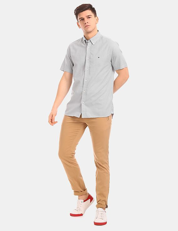 Tommy Hilfiger- Men Grey Short Sleeve Button Down Collar Casual Oxford Shirt