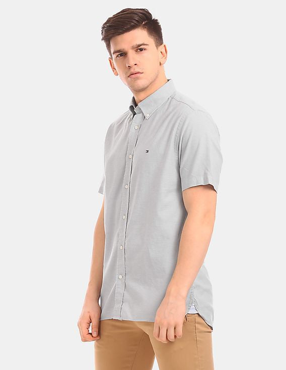 Tommy Hilfiger- Men Grey Short Sleeve Button Down Collar Casual Oxford Shirt