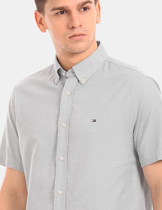 Tommy Hilfiger- Men Grey Short Sleeve Button Down Collar Casual Oxford Shirt