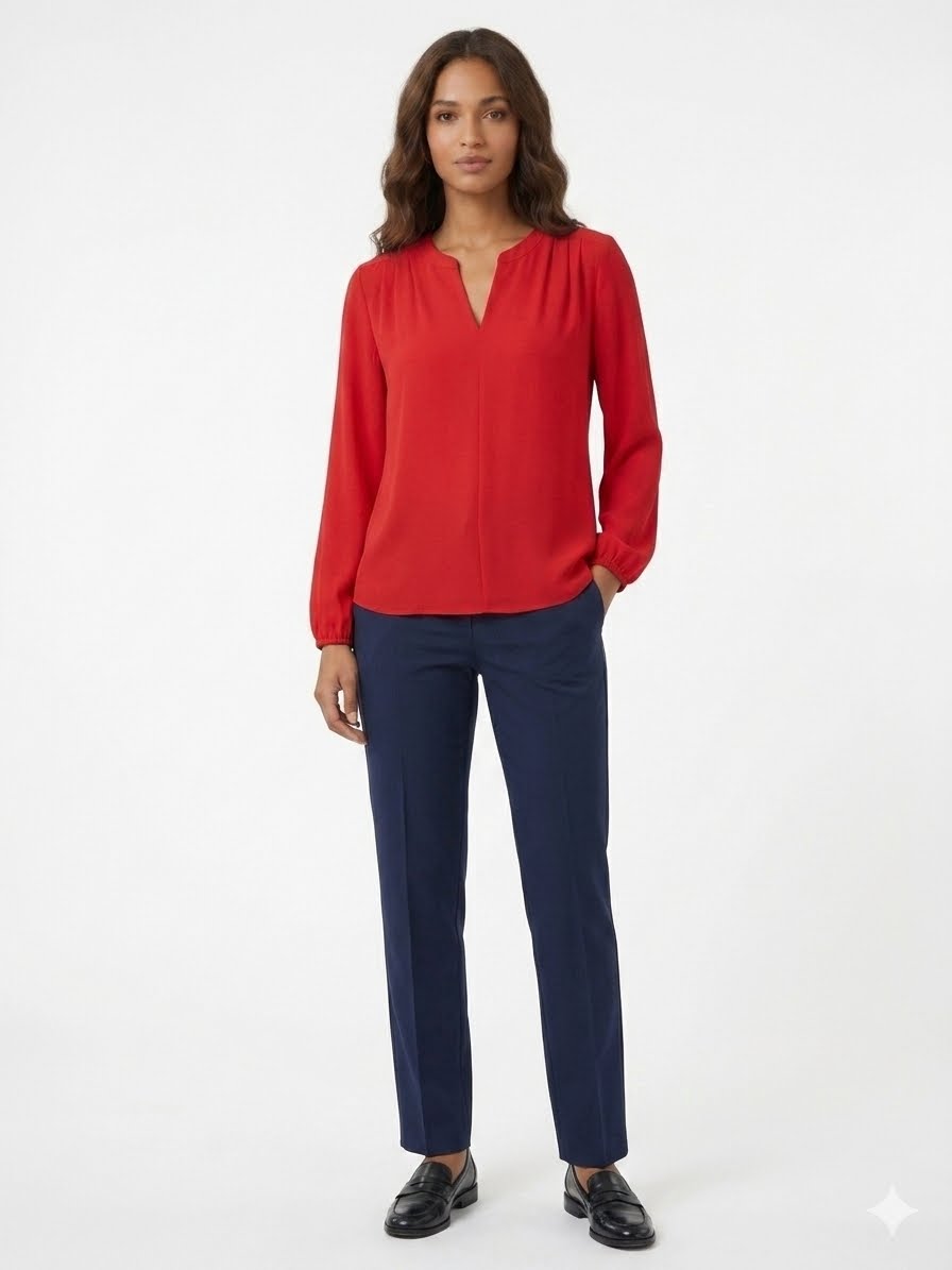 Pleione brand blouse in a vibrant apple red color.