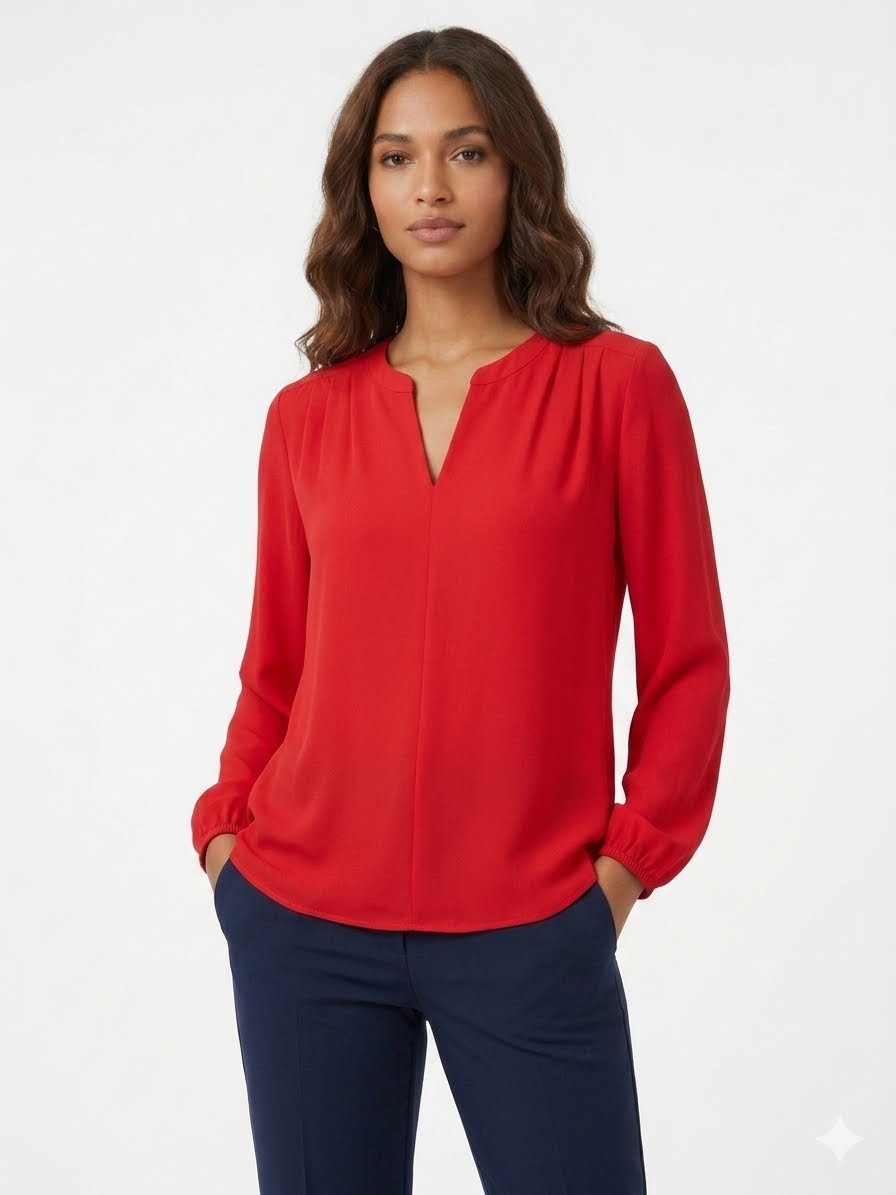 Pleione brand blouse in a vibrant apple red color.