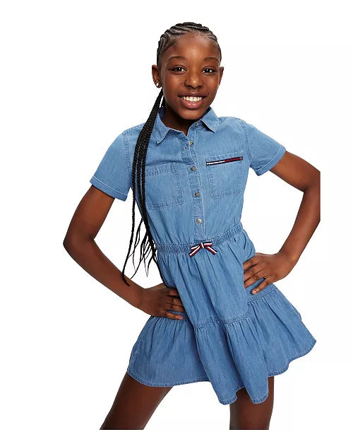 Tommy Hilfiger-Vestido camisero ligero de mezclilla con volantes para niñas pequeñas