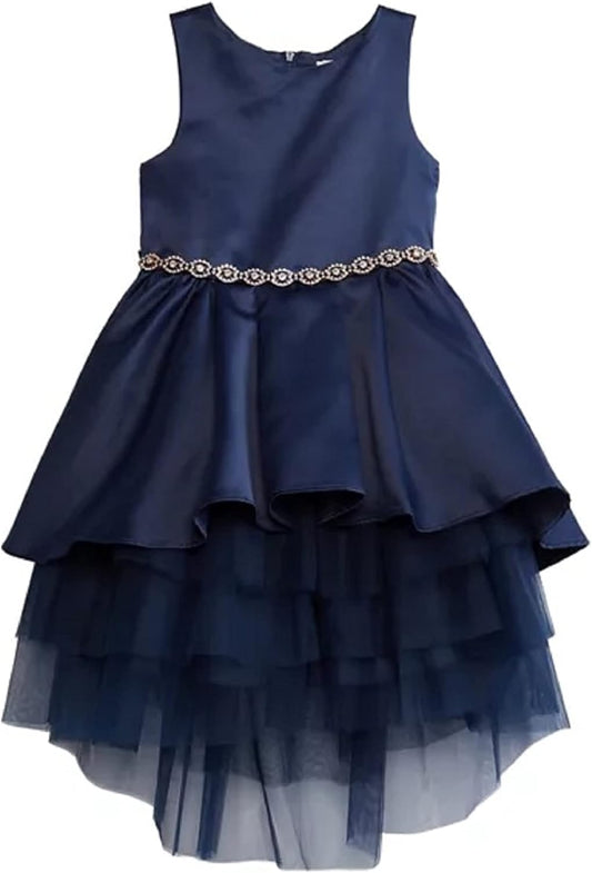 Rare Editions-Vestido de satén con falda de niveles altos y bajos azul marino