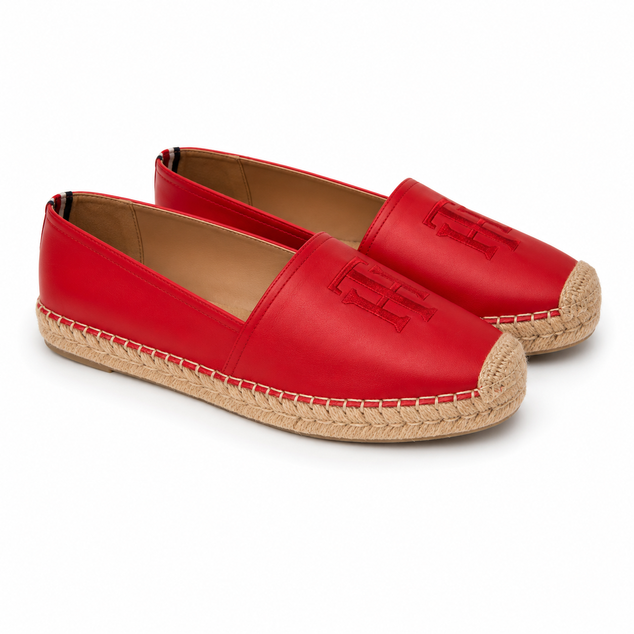 Tommy Hilfiger red espadrilles with the embroidered "TH" logo and a jute sole.