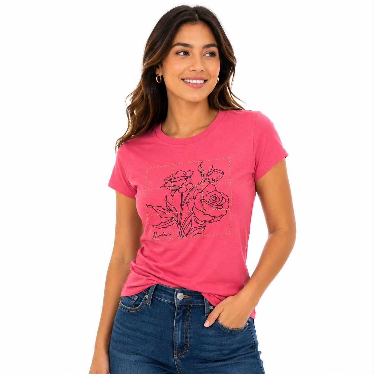 Nautica Womens Modern Flowers Studded Graphic T-Shirt