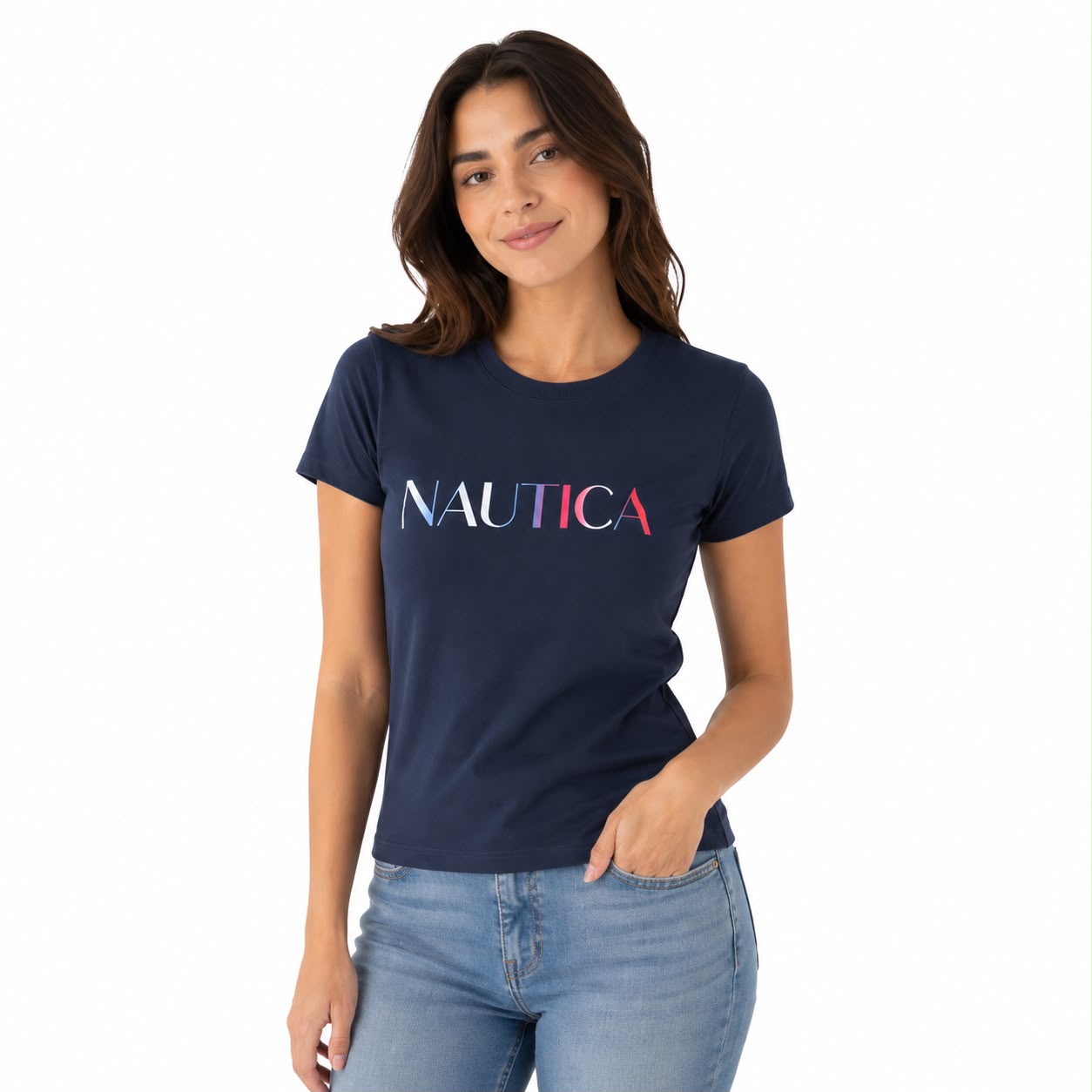 Nautica Disco Logo t-shirt is navy blue and features a logo graphic Women’s