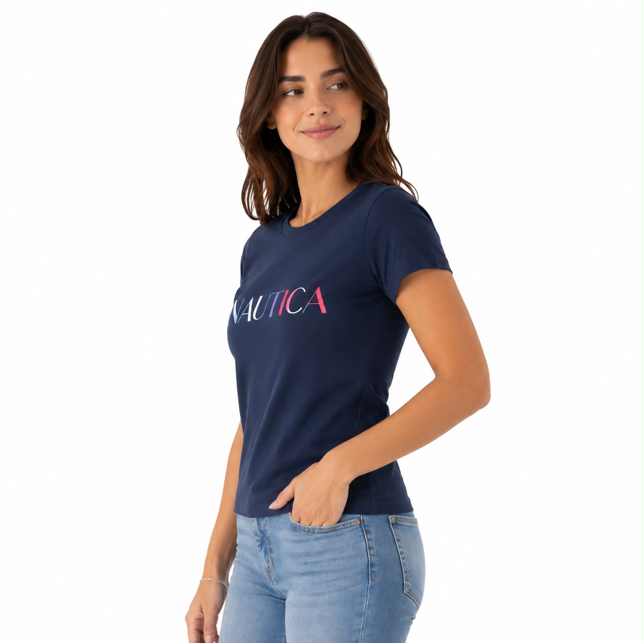 Nautica Disco Logo t-shirt is navy blue and features a logo graphic Women’s