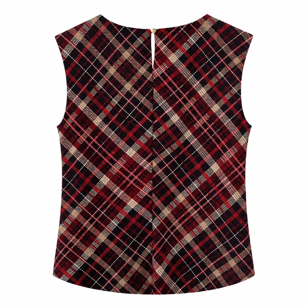 Calvin Klein sleeveless blouse features a red plaid pattern Women’s