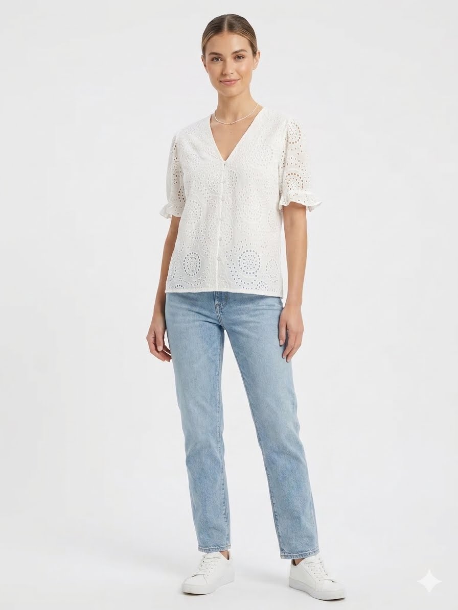 NOTATIONS-White blouse from the Notations brand made with pierced fabric of broderie anglaise style or eyelet