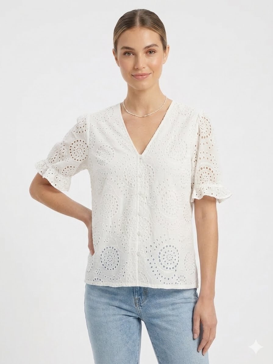 NOTATIONS-White blouse from the Notations brand made with pierced fabric of broderie anglaise style or eyelet