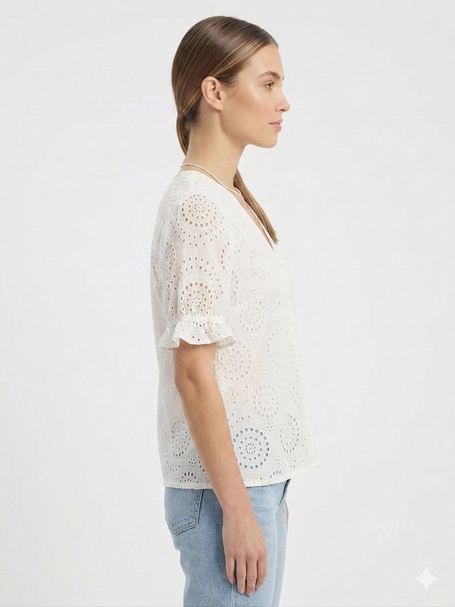 NOTATIONS-White blouse from the Notations brand made with pierced fabric of broderie anglaise style or eyelet