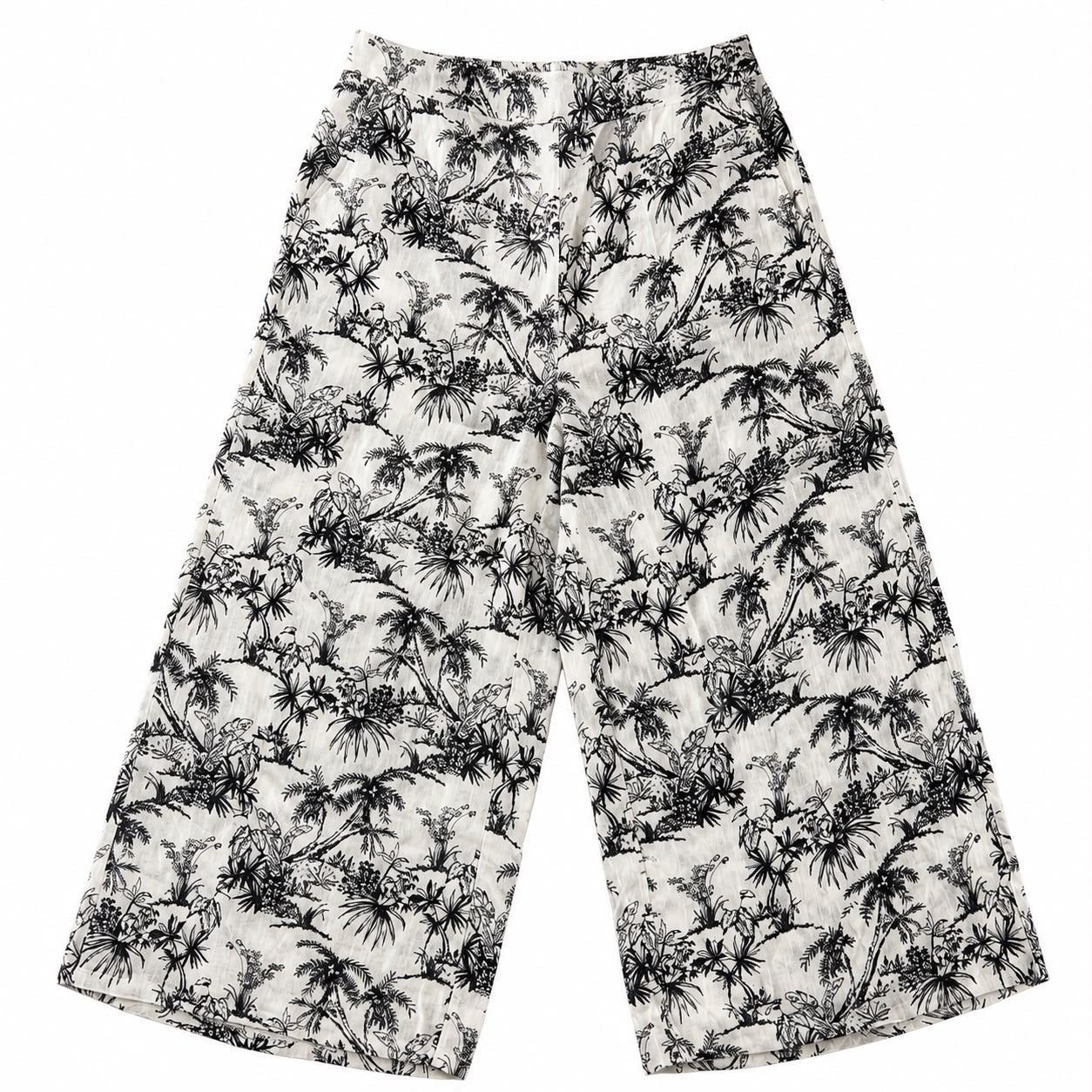 C&C California The pants are C&C California wide-leg and linen with a tropical black and white print