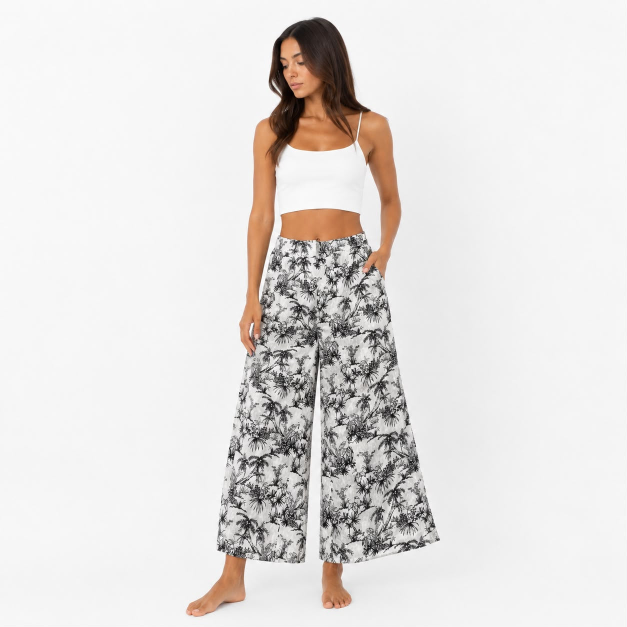 C&C California The pants are C&C California wide-leg and linen with a tropical black and white print