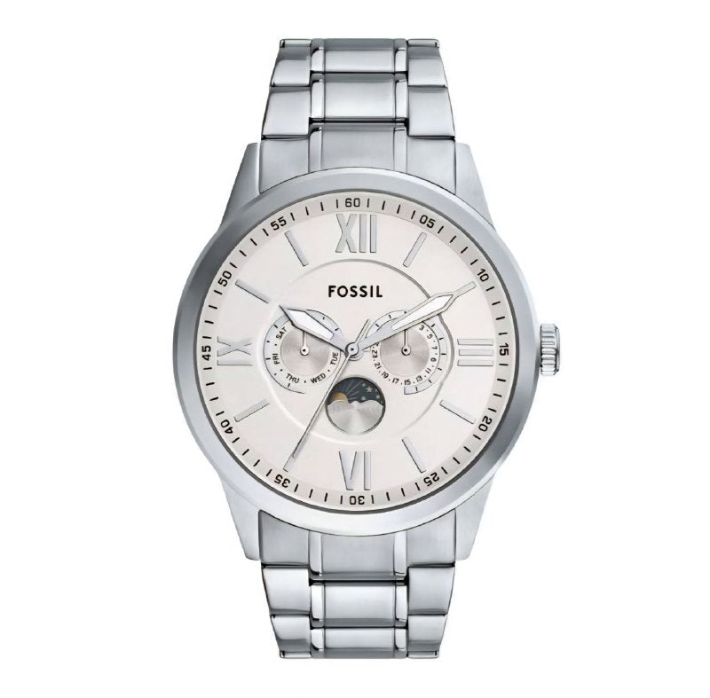 FOSSIL Flynn Mens Multifunction Watch White Dial Day Date Moon Sun Silver Steel