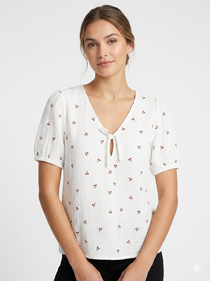 CeCe-White cotton chiffon blouse with cherry print