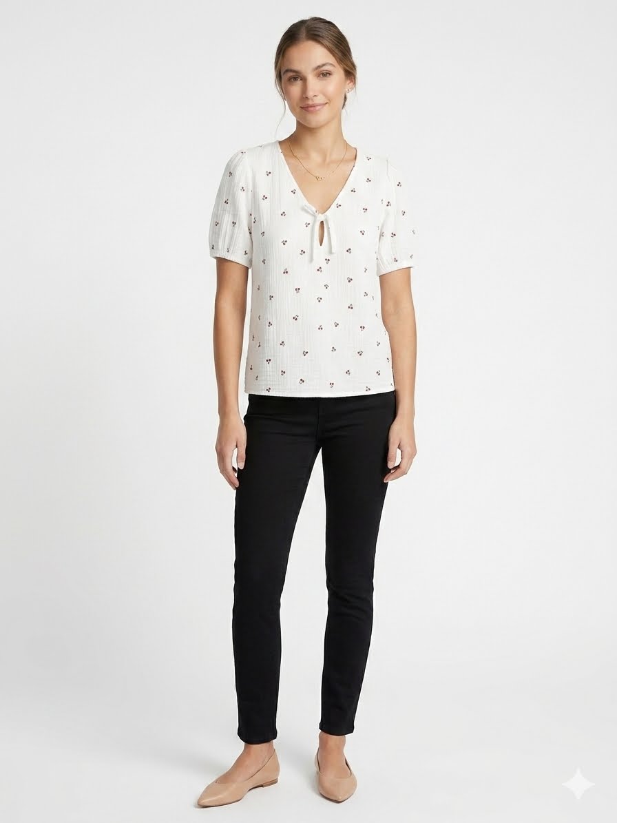 CeCe-White cotton chiffon blouse with cherry print