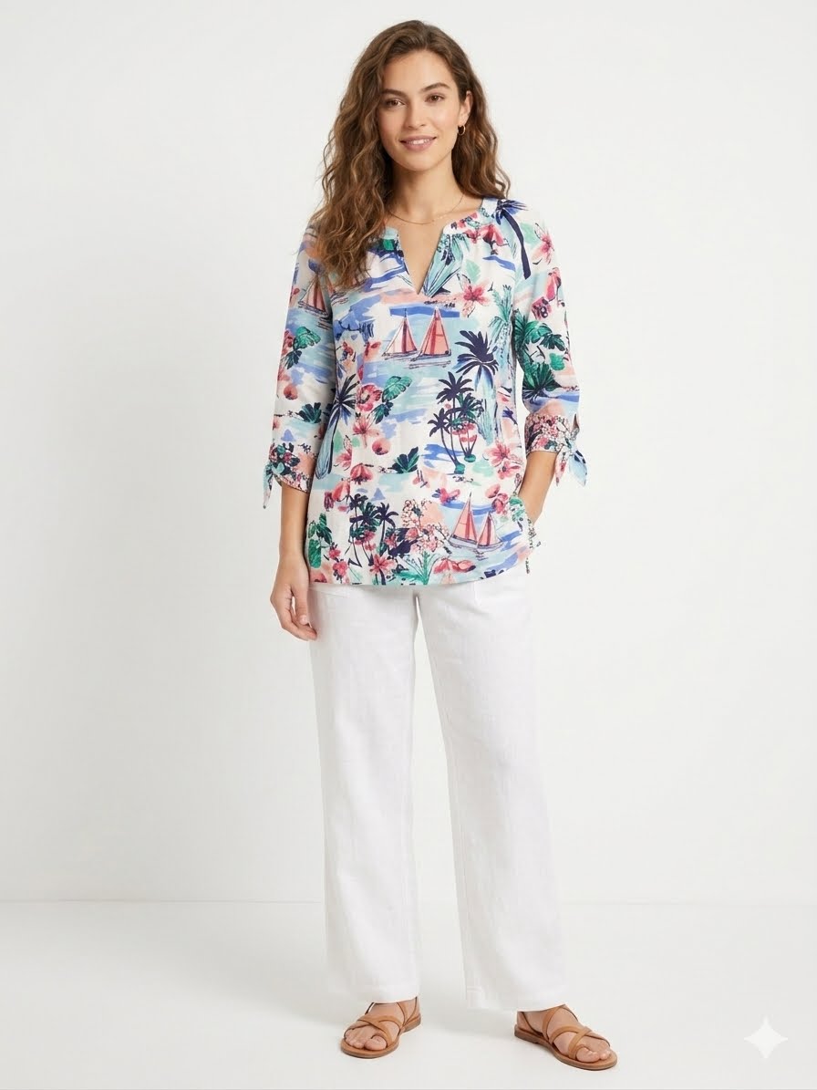 JONES NEW YORK-Printed blouse in linen and viscose blend with split collar