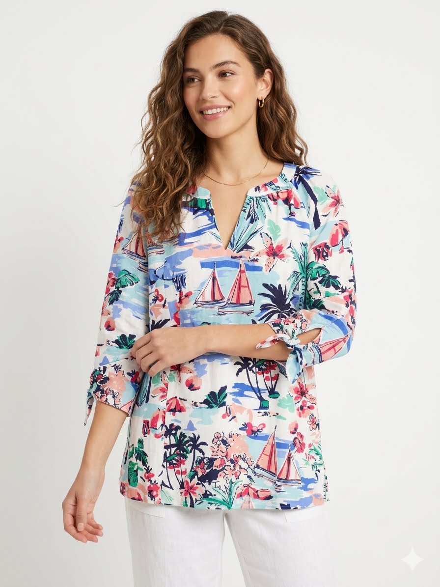 JONES NEW YORK-Printed blouse in linen and viscose blend with split collar