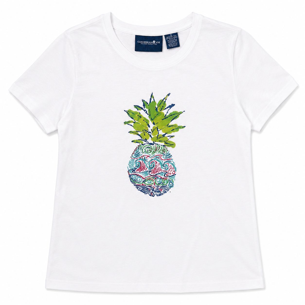 Caribbean Joe's white blouse features a pineapple graphic