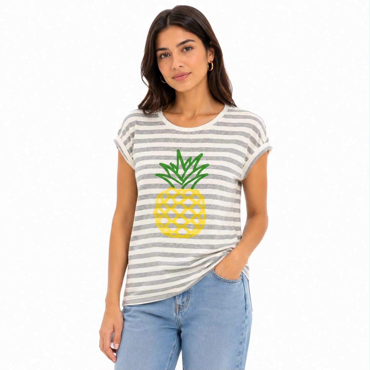 Notations brand t-shirt features a gray and white horizontal striped design