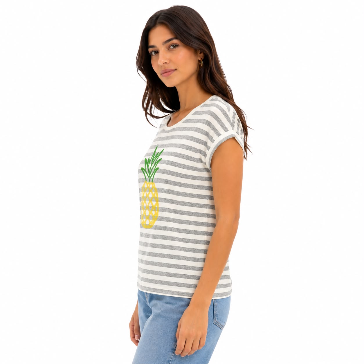 Notations brand t-shirt features a gray and white horizontal striped design