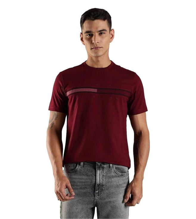 Tommy Hilfiger  Burgundy Cotton Regular Fit Logo Printed T-Shirt
