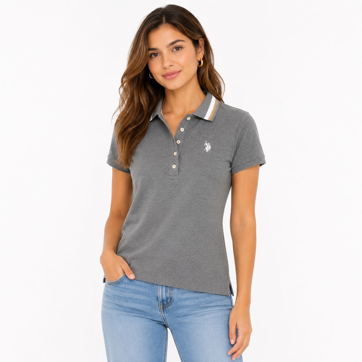 Us Polo Assn Women's gray polo shirt With white and gold striped collar