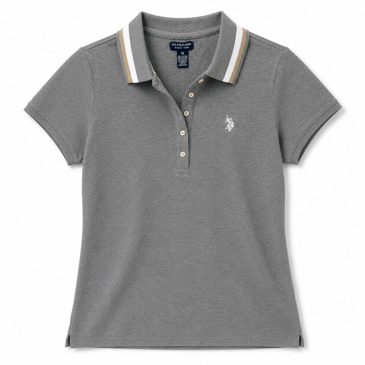 Us Polo Assn Women's gray polo shirt With white and gold striped collar
