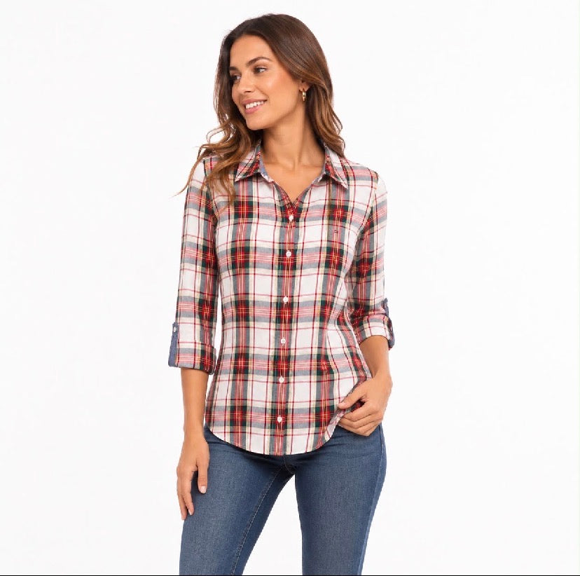 Tommy Hilfiger Women's Roll-Tab Tinsel Tartan Shirt