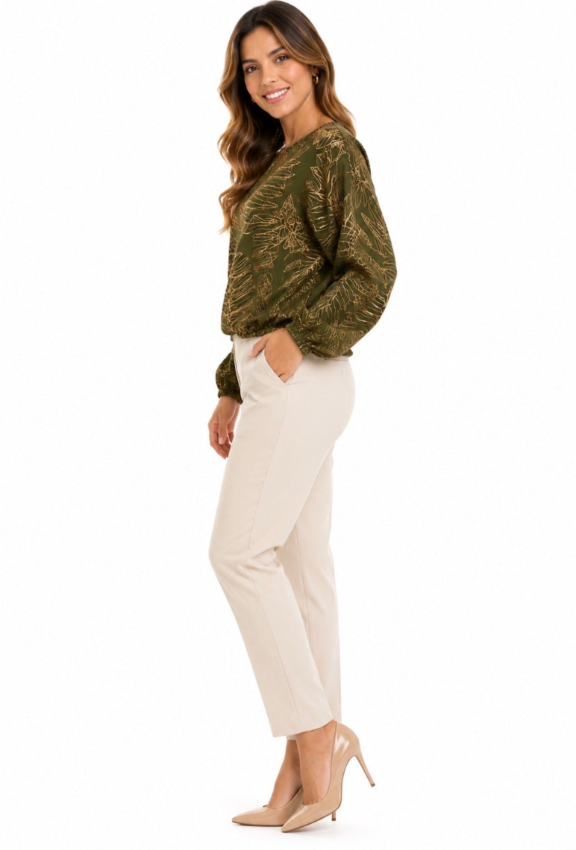 Kim & Cami brand olive green blouse has a botanical print of leaves in golden tone and an elastic hem