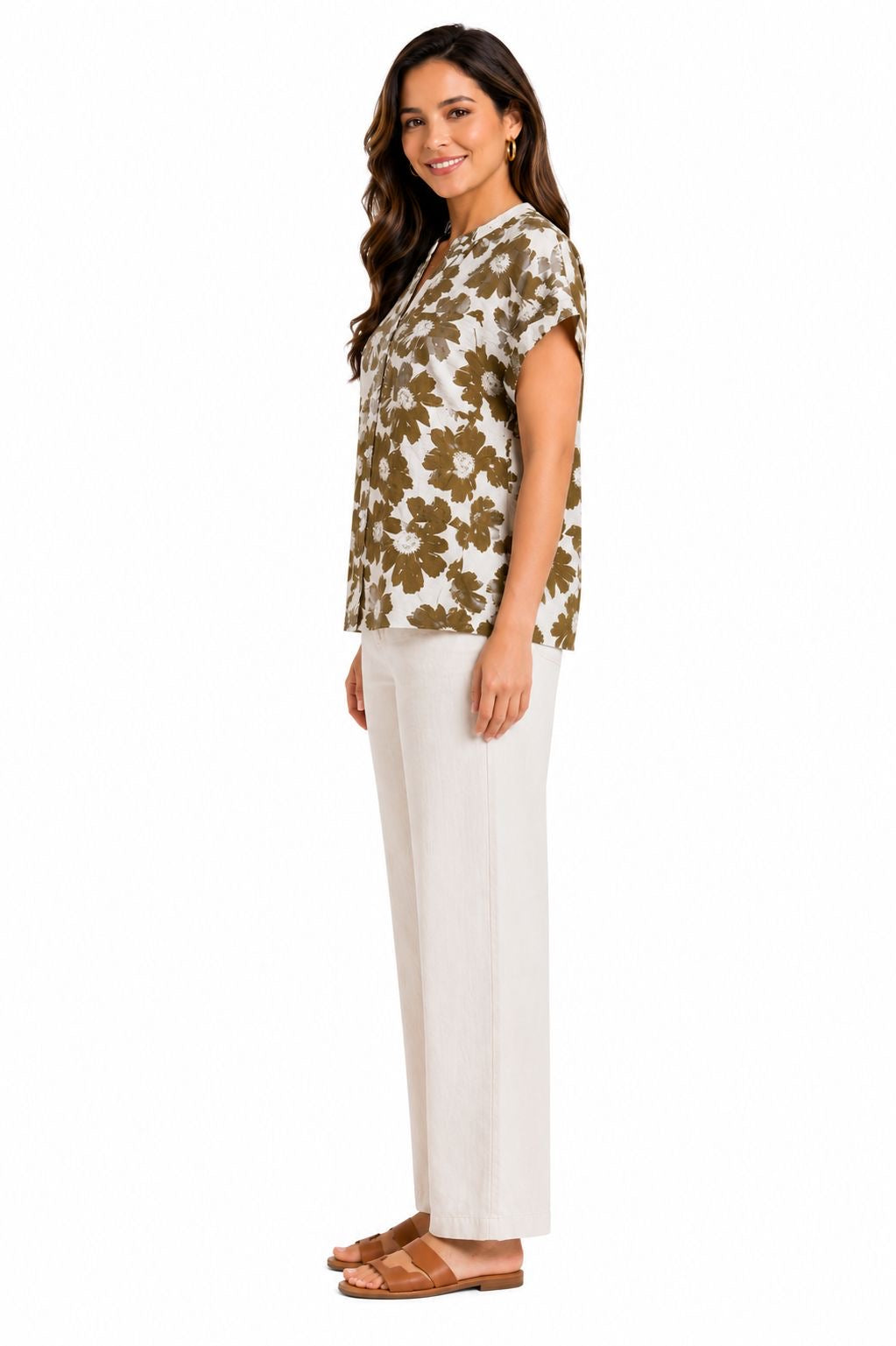 COMO BLU-Button blouse for women with floral print in olive green tones,