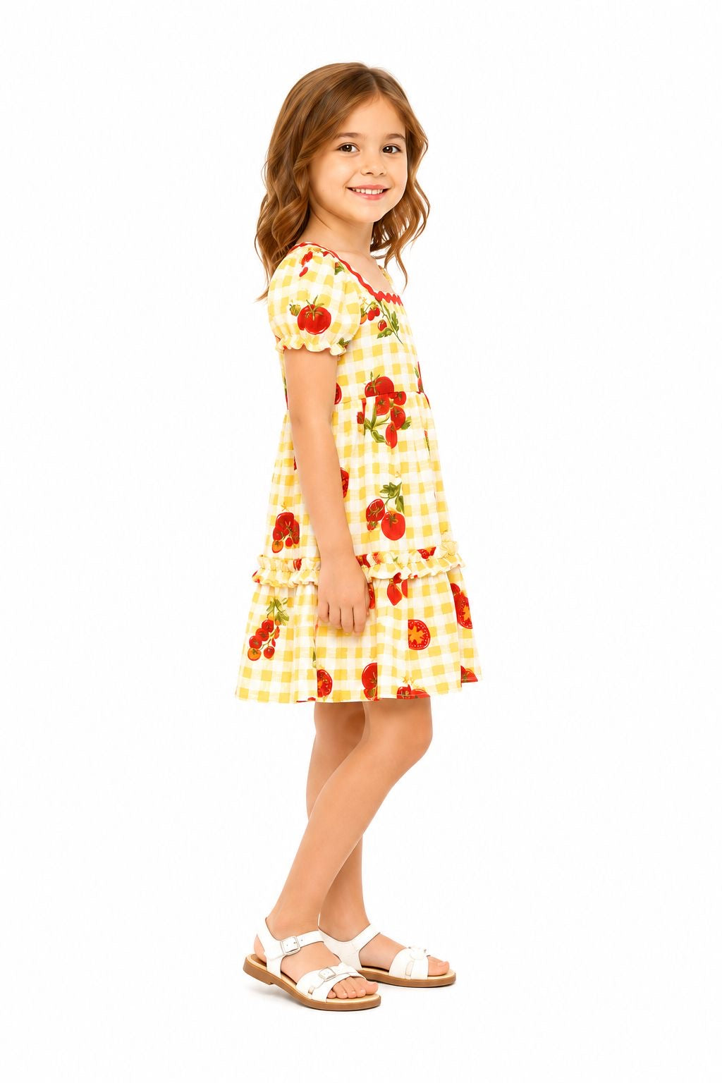 CYNTHIA ROWLEY-Children's dress with tomato print and gingham pattern