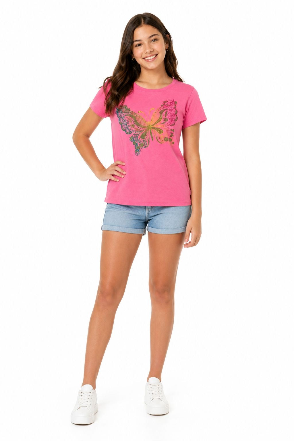 PLACE-Rainbow Butterfly Print Short Sleeve T-Shirt for Girls