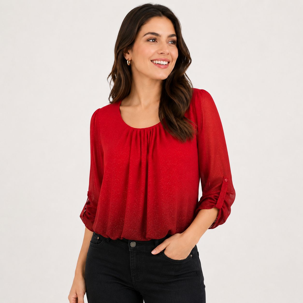 Sara Michelle women's red blouse with bright ombre effect and gathered three-quarter sleeves