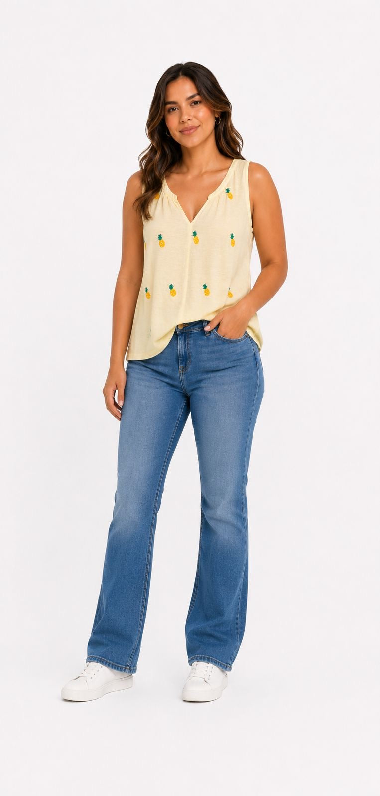 LUCKY BRAND-Light yellow tank top with pineapple embroidery