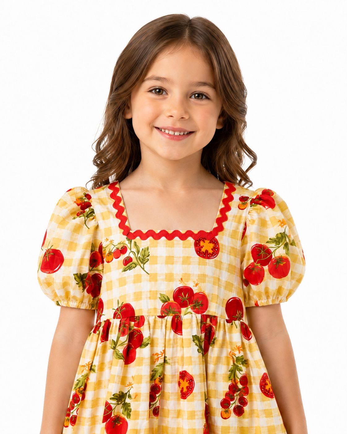 CYNTHIA ROWLEY-Children's dress with tomato print and gingham pattern