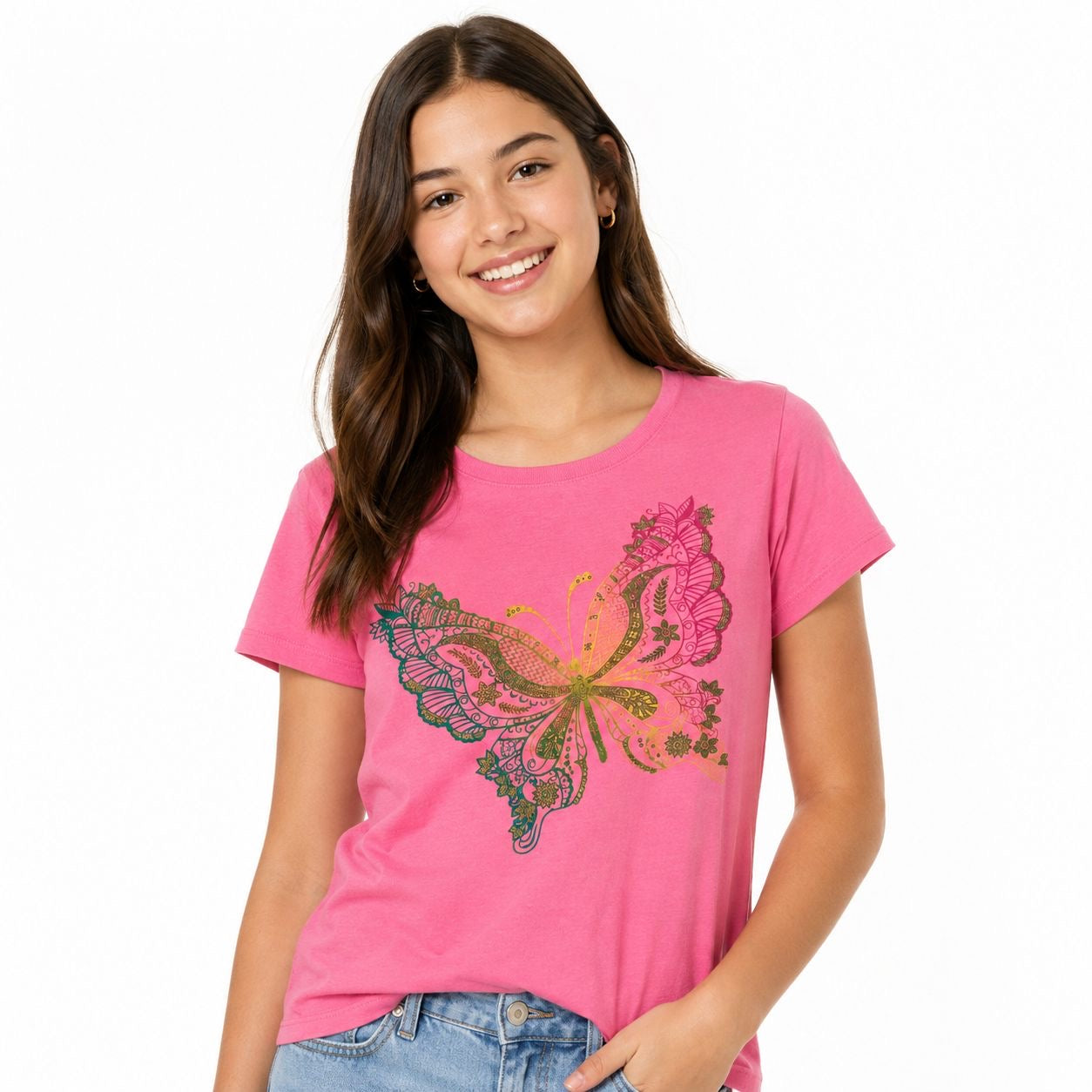 PLACE-Rainbow Butterfly Print Short Sleeve T-Shirt for Girls