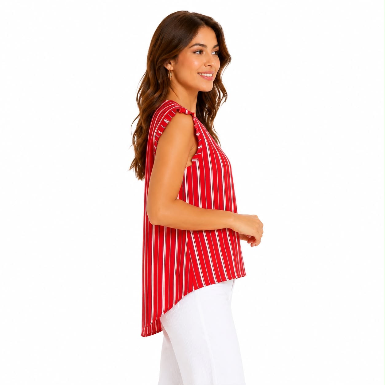 W5 blouse has a red and white vertical stripe print