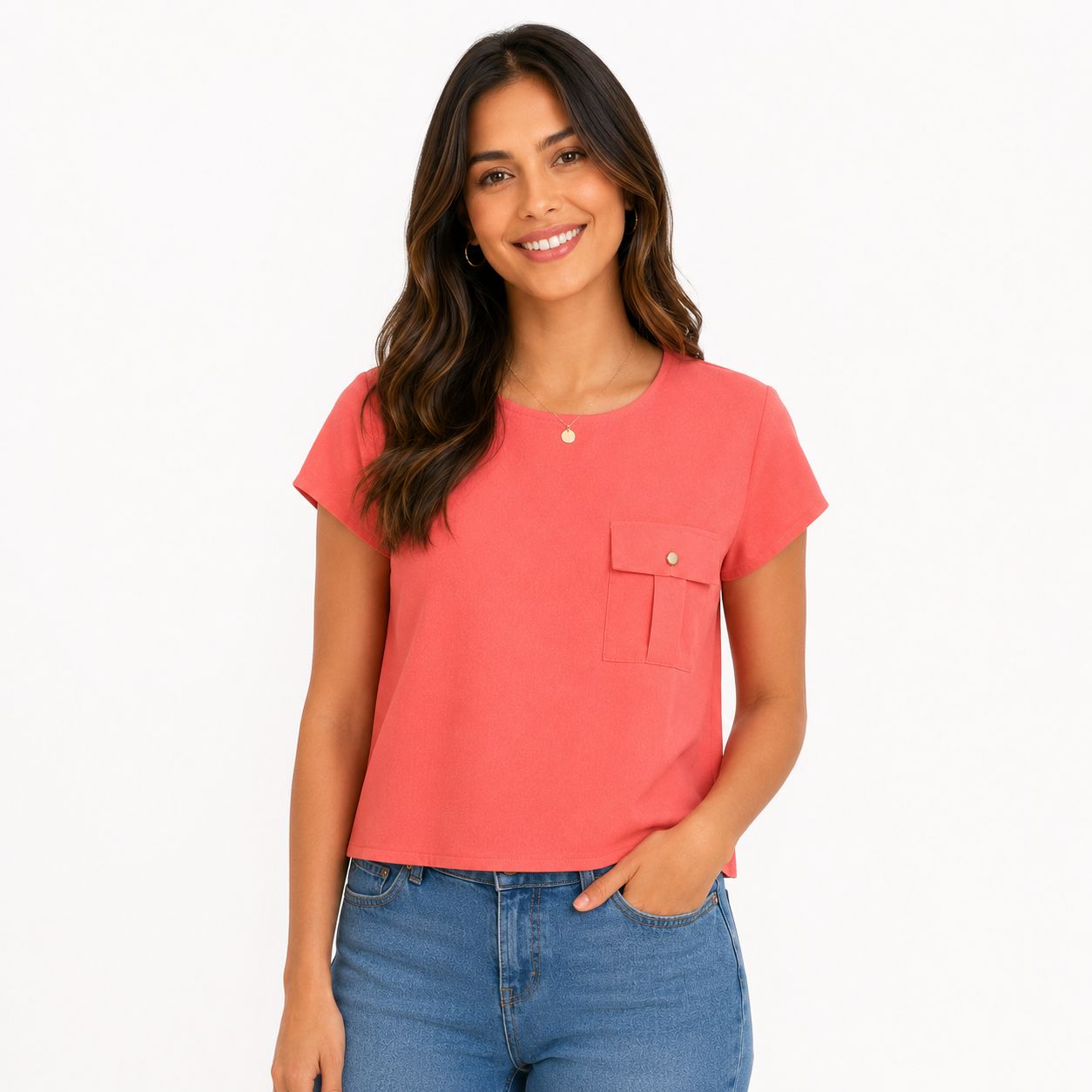 A’gaci Short-sleeved coral blouse with round neckline Women’s