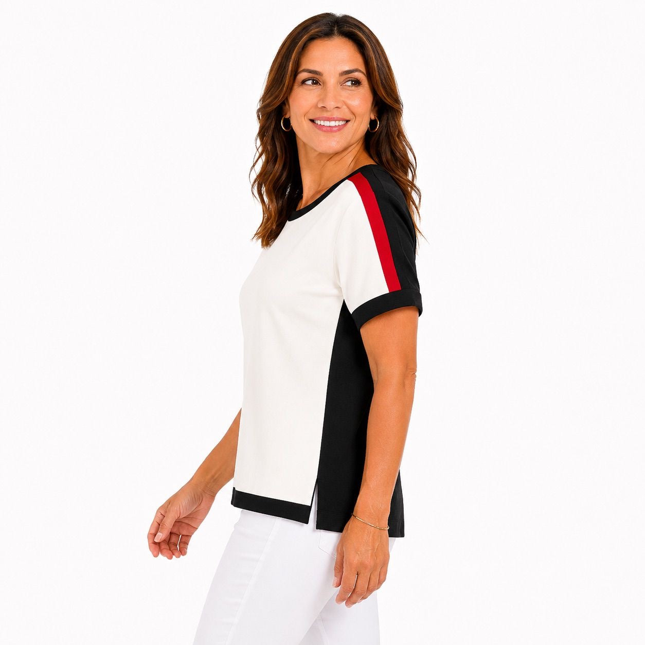 DKNY white t-shirt stands out for its side bands in black Women’s