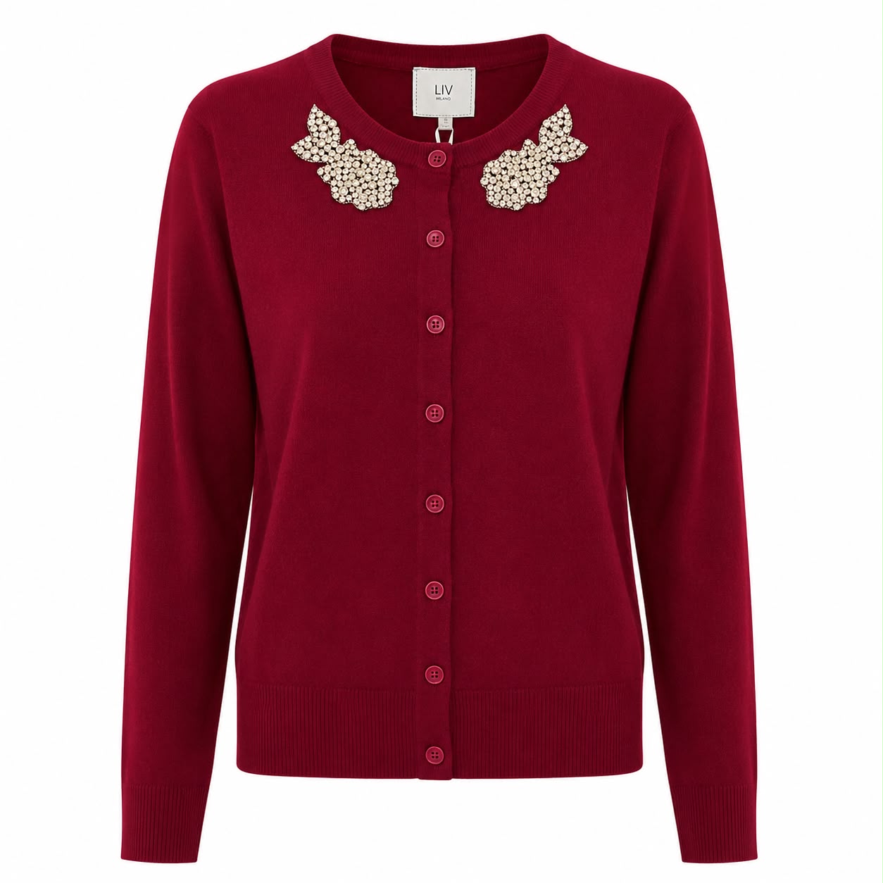 Liv Milano Red cardigan Features bright embroidered details on the neck