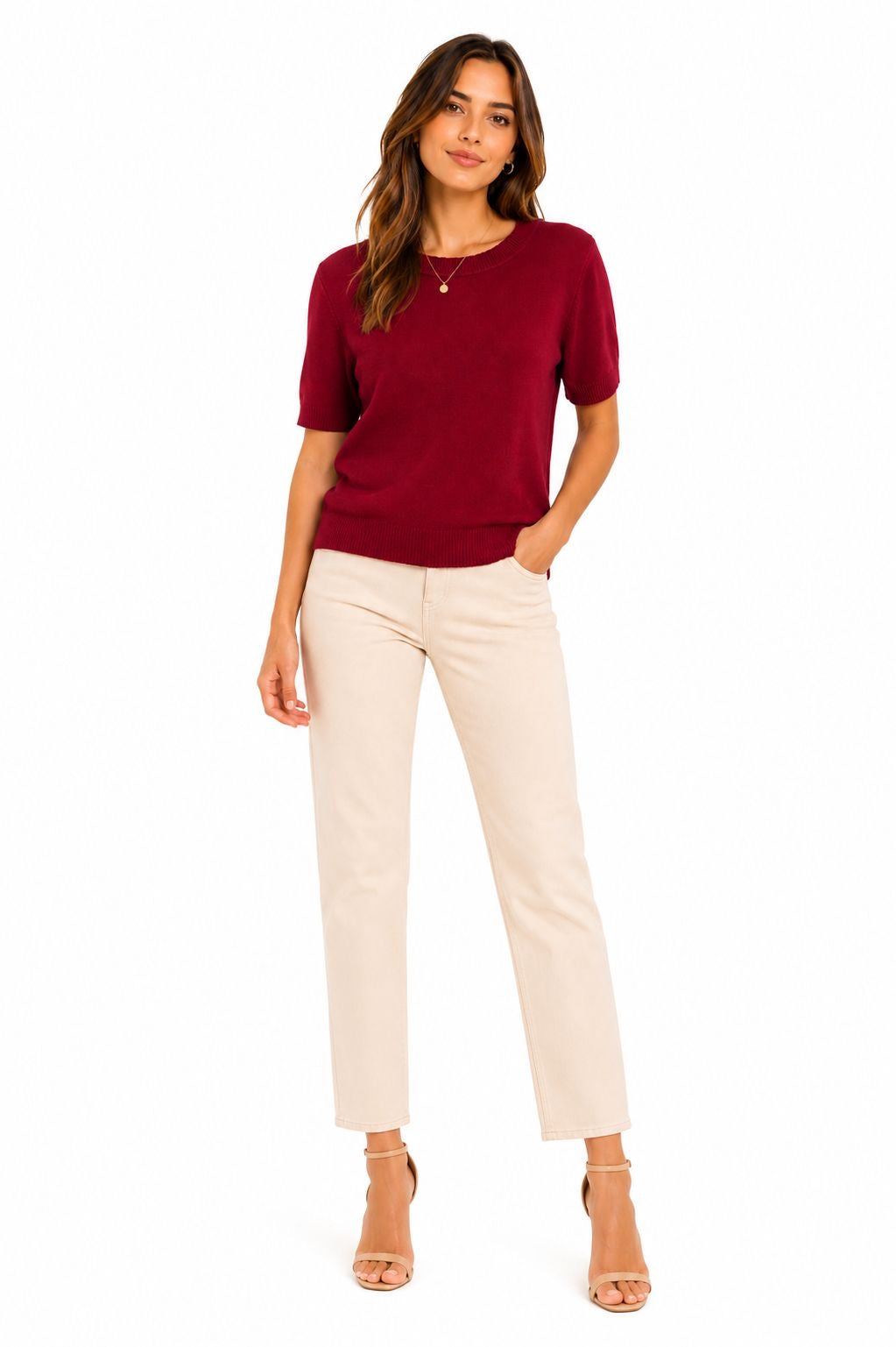 ANNE KLEIN-Short-sleeved fine knit sweater