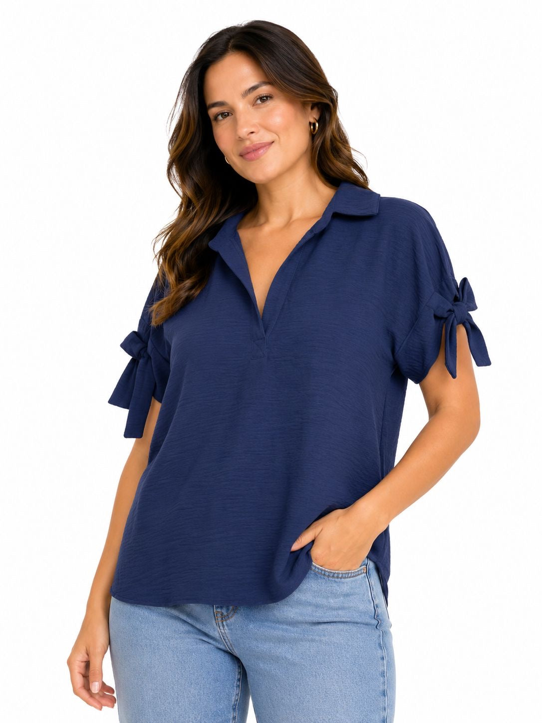 WRAPPER-Navy blue short-sleeved blouse
