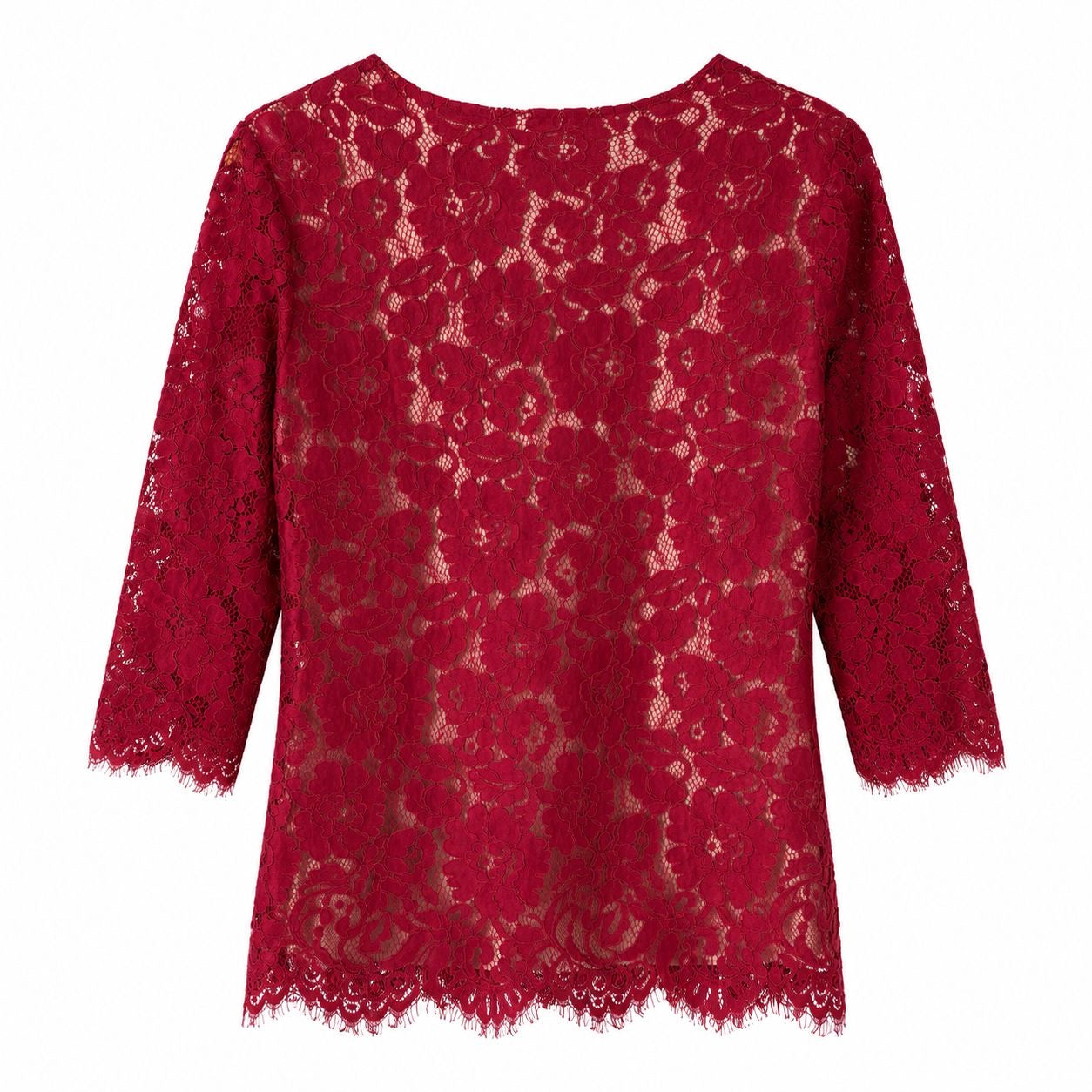Adiva Red lace blouse with V-neck and beige lining