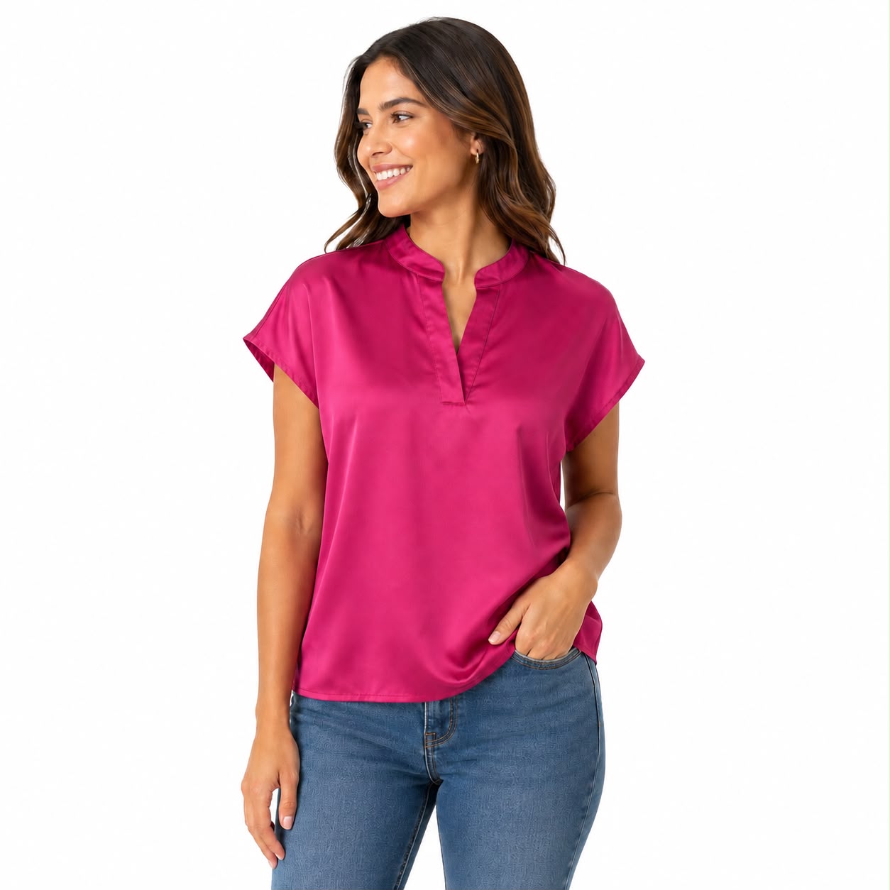 Nicole Miller blouse Satin short sleeve with mao p-neck