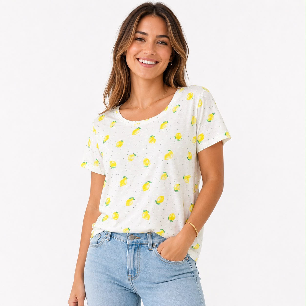 Madison Grey Round neck and short sleeve t-shirt with a full lemon print