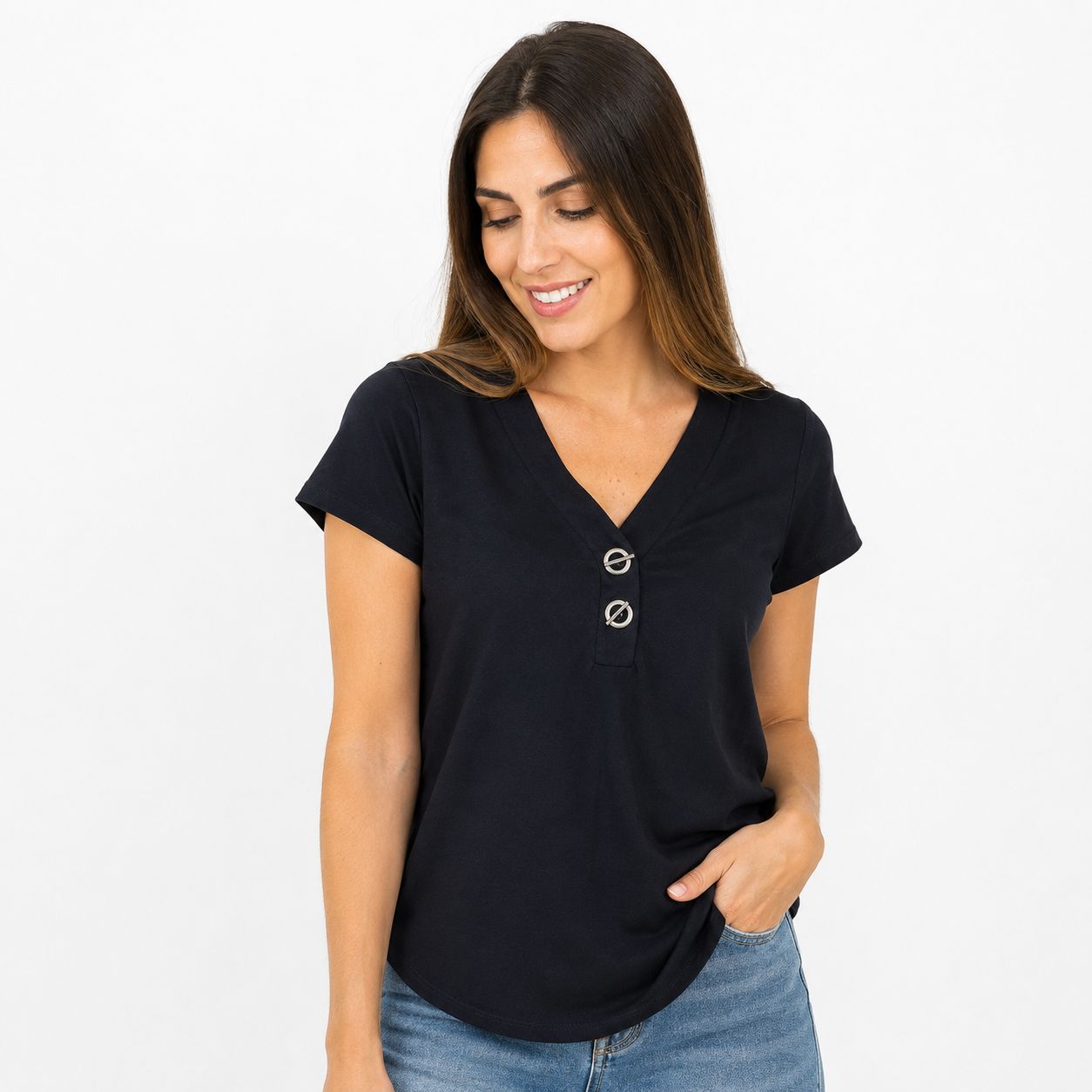 89th + Madison Black blouse from the Retrelogy brand stands out for its V-neck