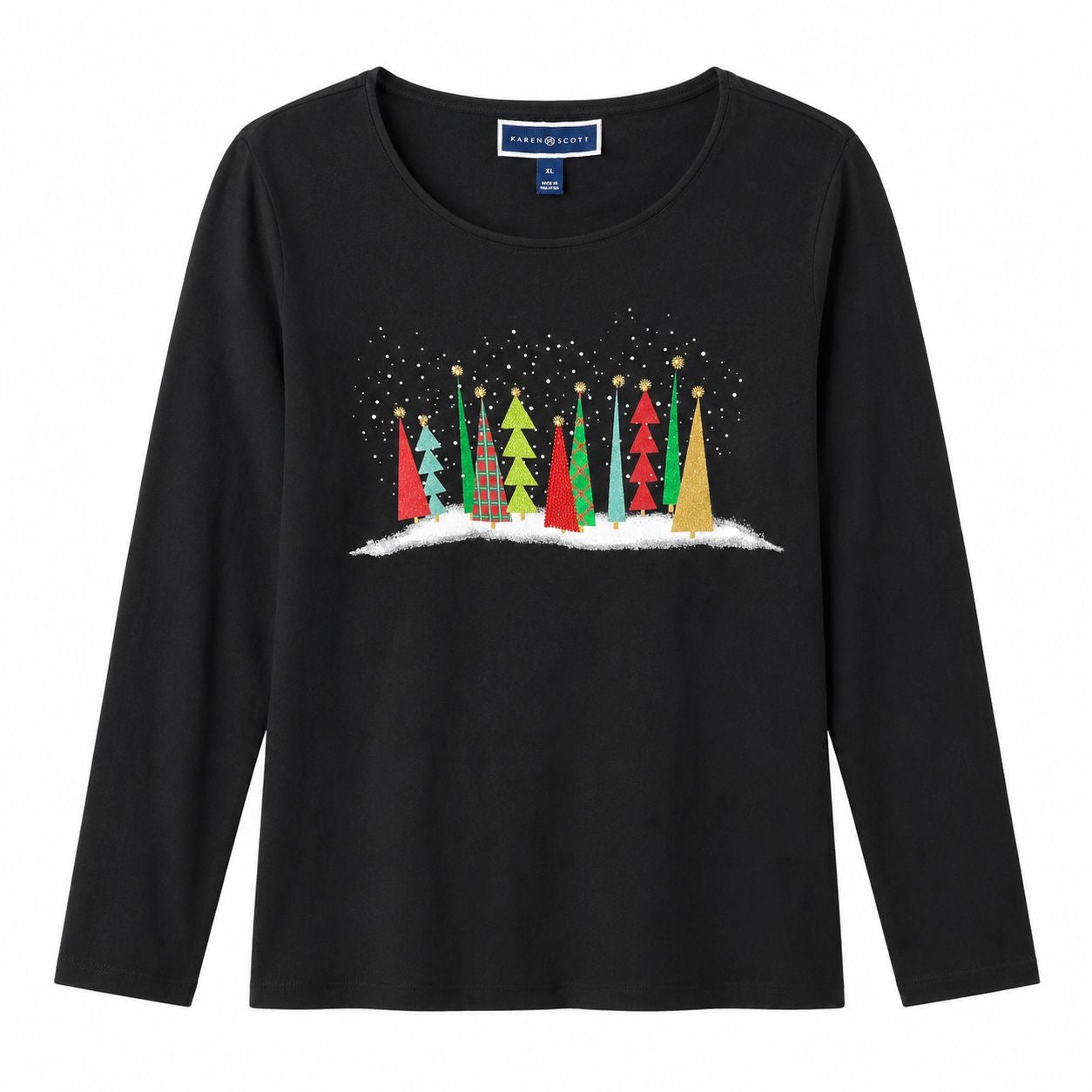 Karen Scott's long-sleeved black t-shirt features a Christmas tree chart