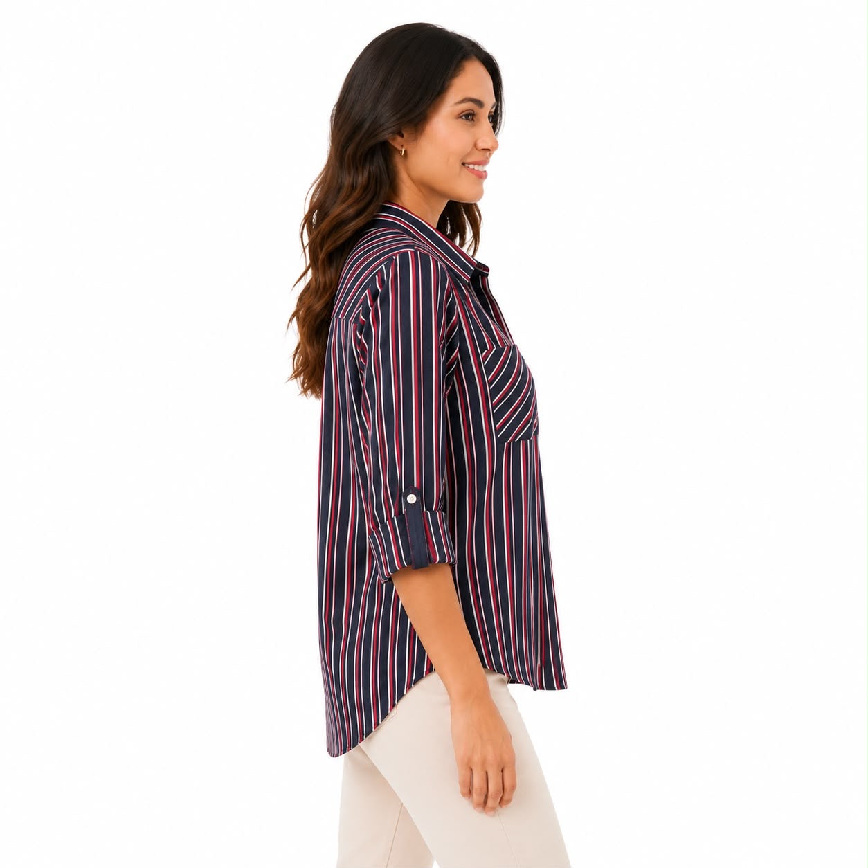 Tommy Hilfiger blouse with red, white and blue stripes has a zipper closure at the collar